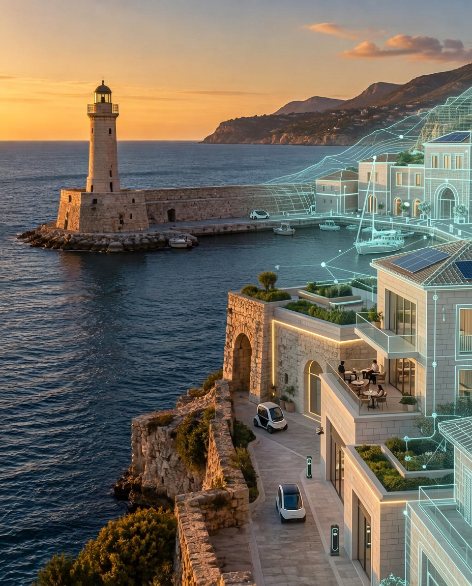 Historic Mediterranean port transitioning into a modern digital-twin city
