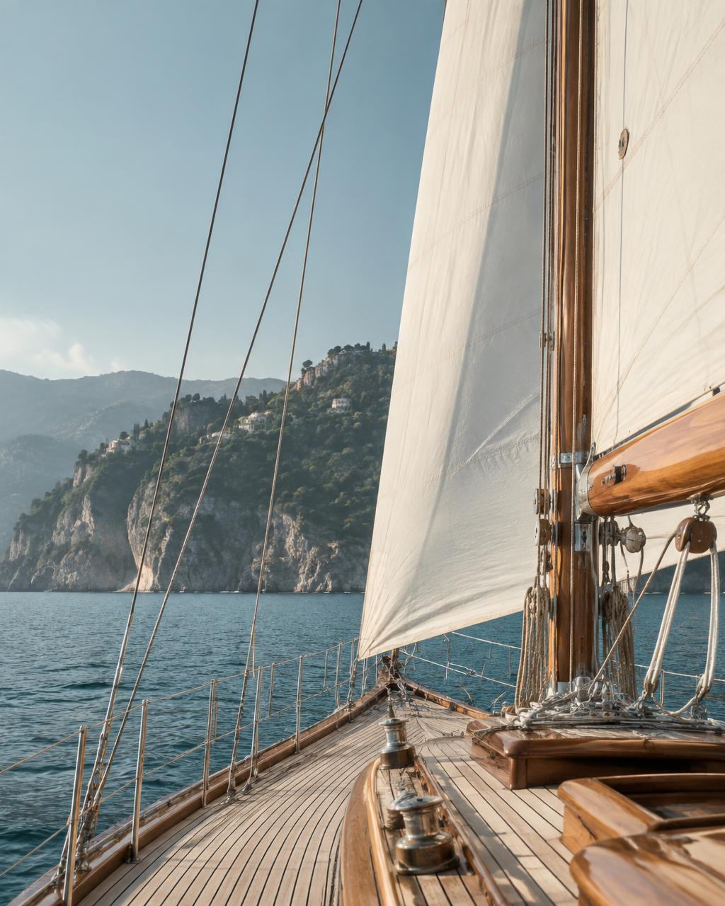 Classic sailing yacht navigating the Mediterranean coast